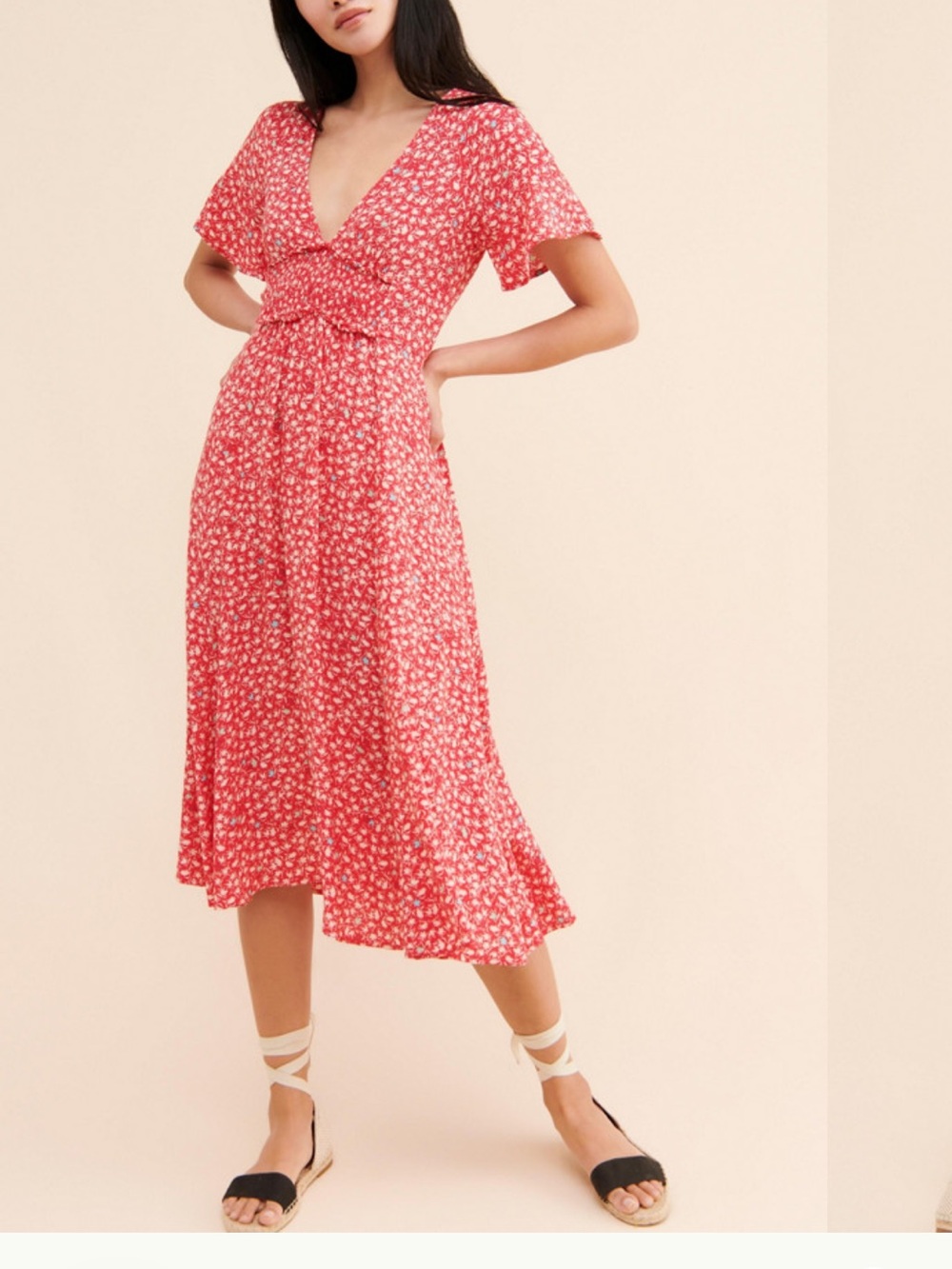 Free People Red Floral V-Neck Midi Dress